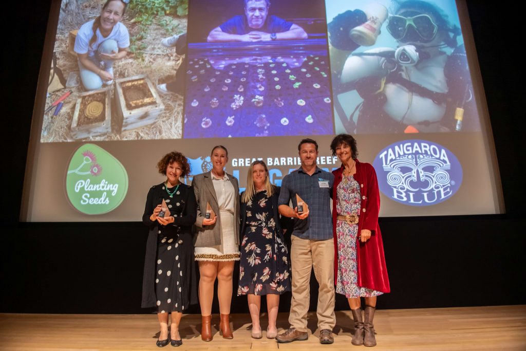 L R Dr Judy Friedlander of PlantingSeeds Projects. Michelle Cameron Board Member of Tangaroa Foundation Dr Dean Miller of Great Barrier Reef Legacy Rachel Ward Filmmaker 1024x683 1